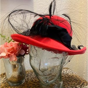 Vintage Jack McConnell Red Hat Black Netting / Trim / Feather Detail Beautiful